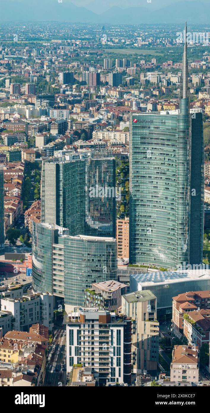 Aerial view of Milan, skyscrapers. Unicredit tower and Gae Aulenti skyscraper. 04-12-2024. Italy Stock Photo