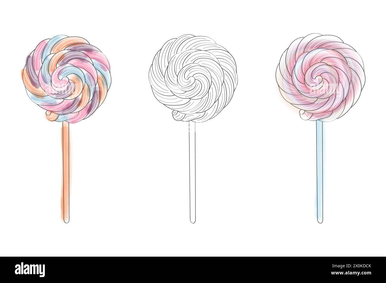 Three colorful lollipops are neatly lined up in a straight row, creating a visually appealing pattern. Each lollipop features a different flavor and unique swirl design on its round candy surface Stock Vector