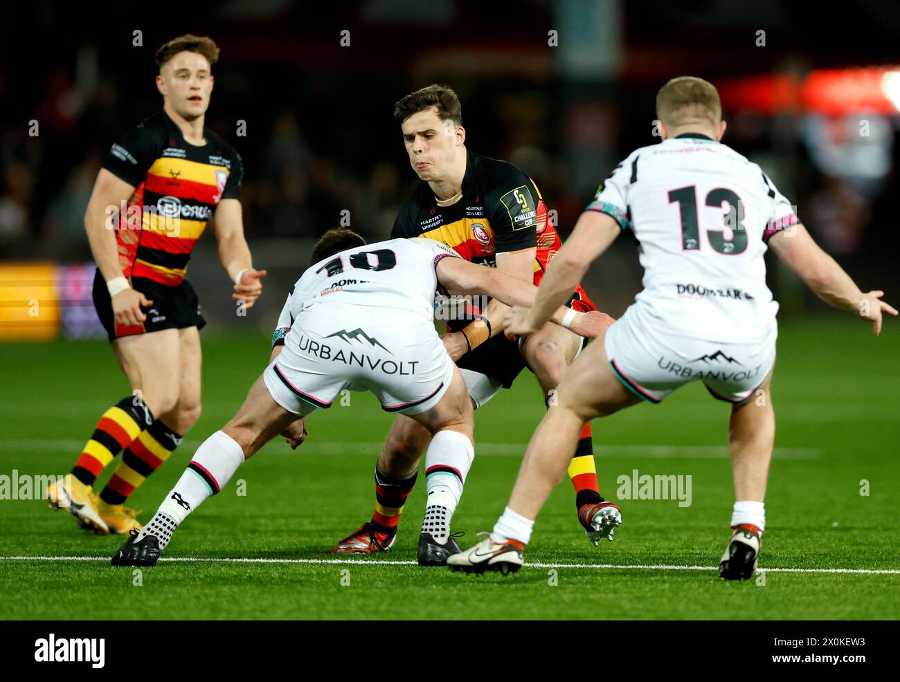 Gloucester's Seb Atkinson is tackled by Ospreys' Owen Williams during the EPCR Challenge Cup quarter-final match at Kingsholm Stadium, Gloucester. Picture date: Friday April 12, 2024. Stock Photo