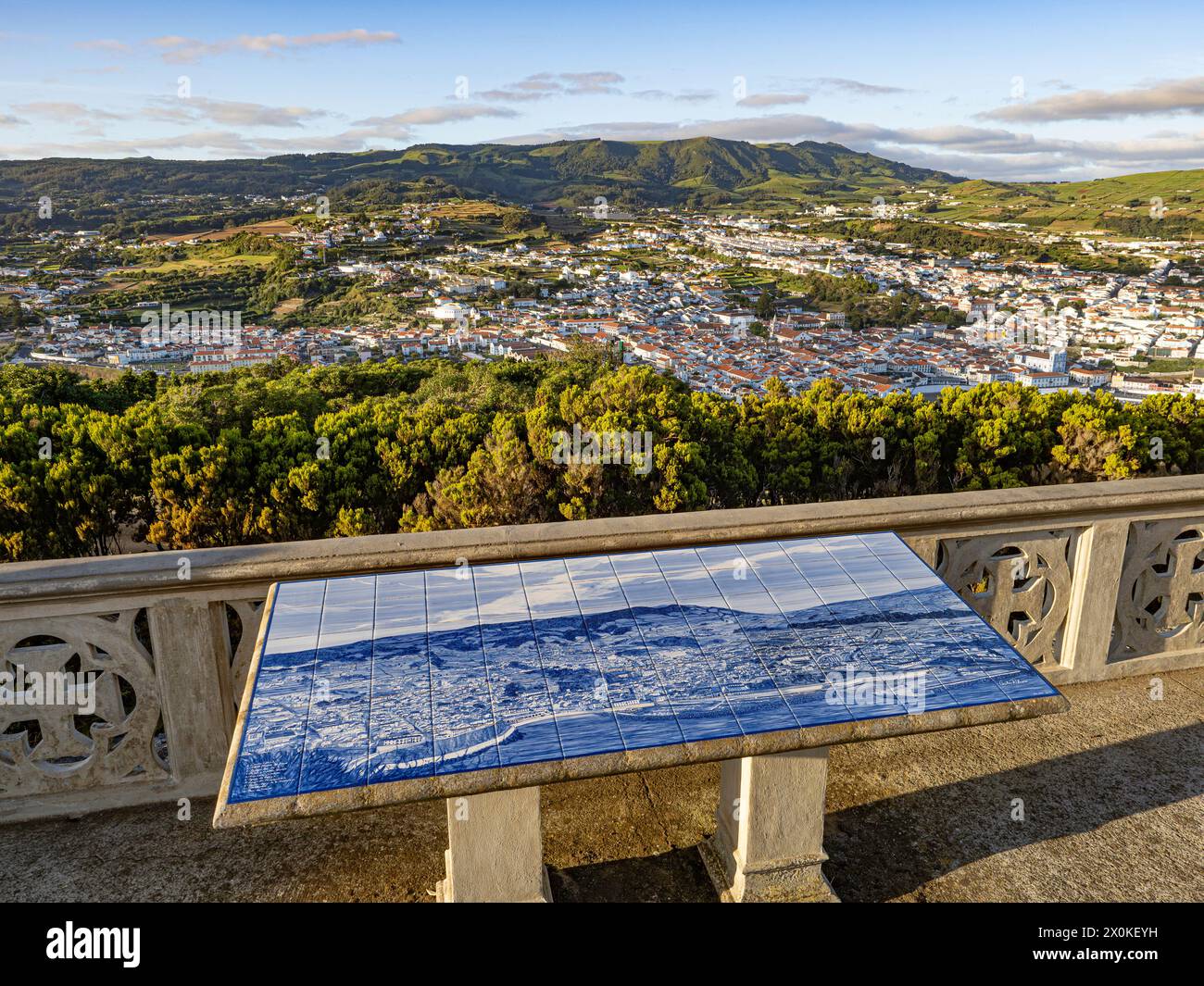 azulejo painted tin-glazed ceramic mozaic tilework lookout scene of City of Angra do Heroismo, Azores, Terceira, Portugal, Atlantic Ocean archipelago, Portuguese culture, view from Monte Brasil Stock Photo