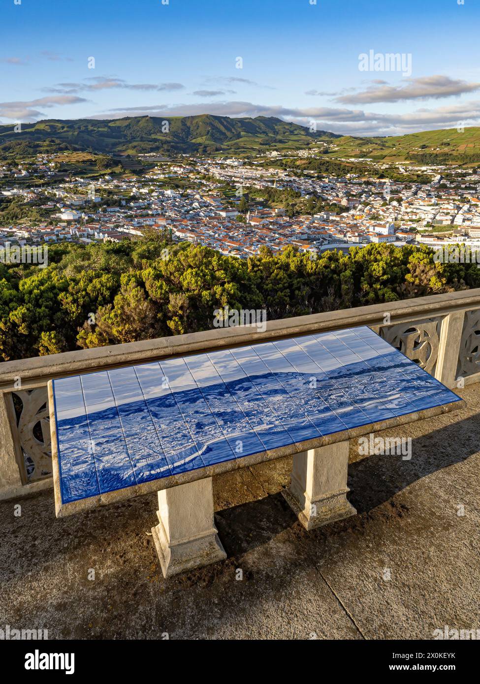 azulejo painted tin-glazed ceramic mozaic tilework lookout scene of City of Angra do Heroismo, Azores, Terceira, Portugal, Atlantic Ocean archipelago, Portuguese culture, view from Monte Brasil Stock Photo