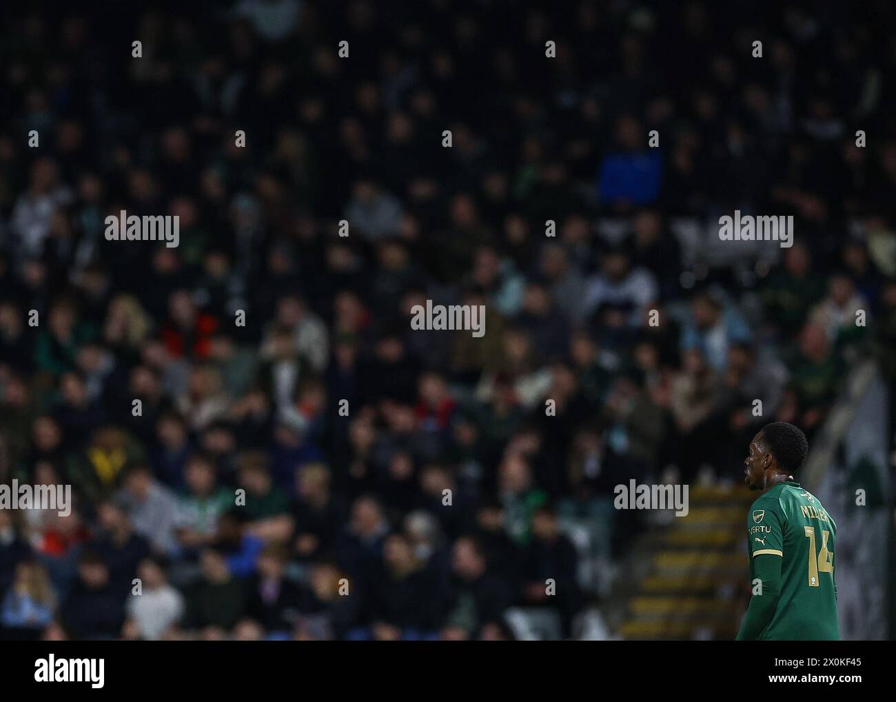 Mickel Miller of Plymouth Argyle in action during the Sky Bet Championship match Plymouth Argyle vs Leicester City at Home Park, Plymouth, United Kingdom, 12th April 2024 (Photo by Stan Kasala/News Images) in, on 4/12/2024. (Photo by Stan Kasala/News Images/Sipa USA) Credit: Sipa USA/Alamy Live News Stock Photo