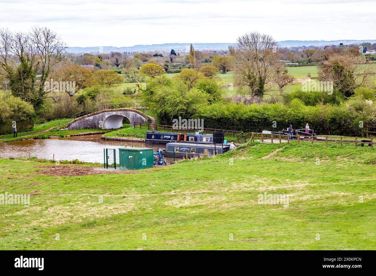 Canal narrowboats at the junction of the Shropshire union canal and the Llangollen canal at Hurleston junction near Nantwich Cheshire Stock Photo