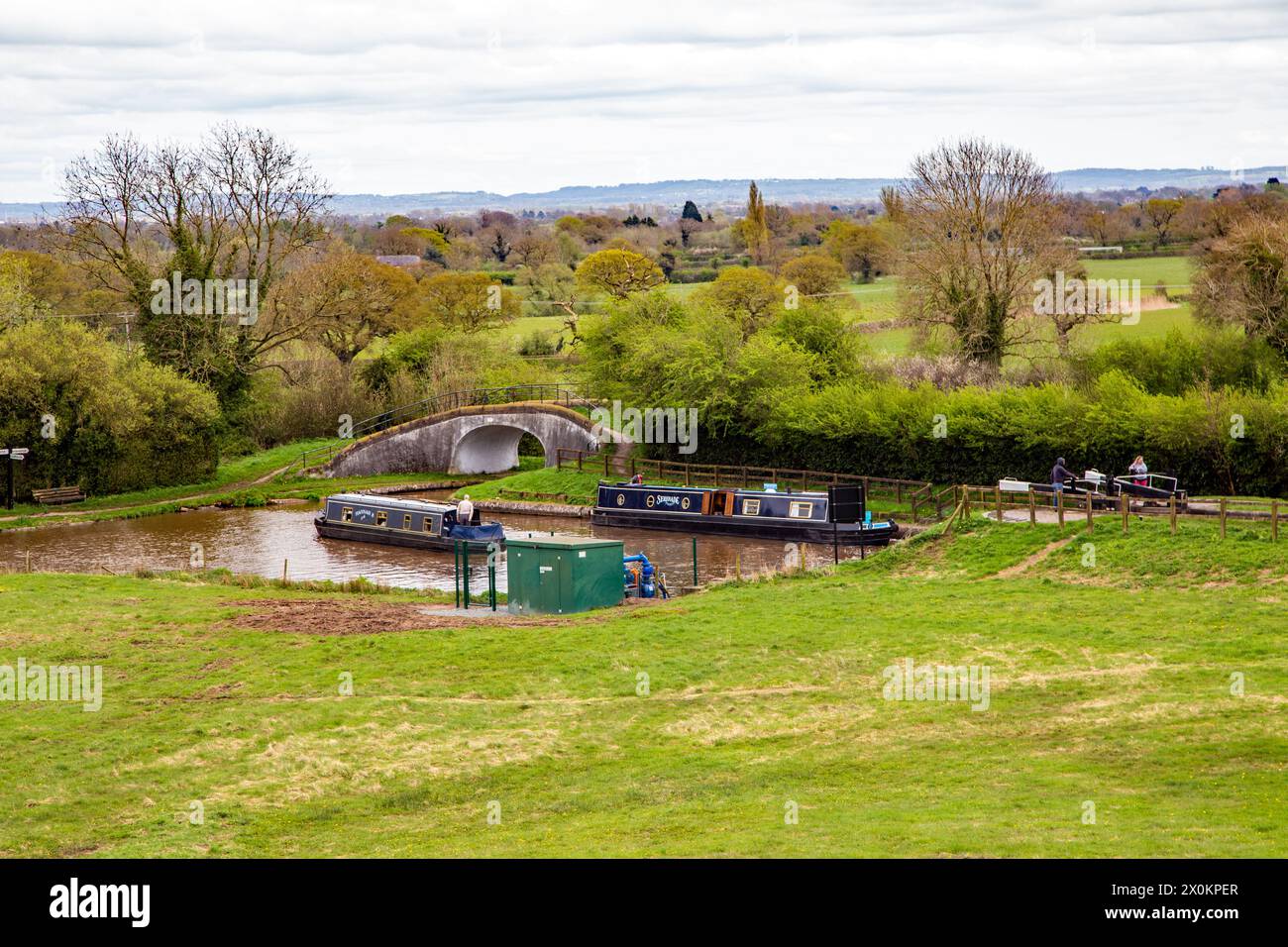 Canal narrowboats at the junction of the Shropshire union canal and the Llangollen canal at Hurleston junction near Nantwich Cheshire Stock Photo