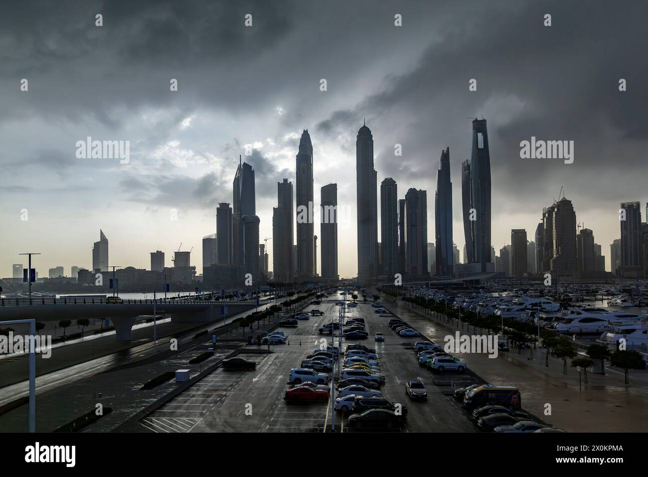 Storm clouds, sunrise, marina, Dubai Harbour Marina, Dubai, United Arab Emirates Stock Photo