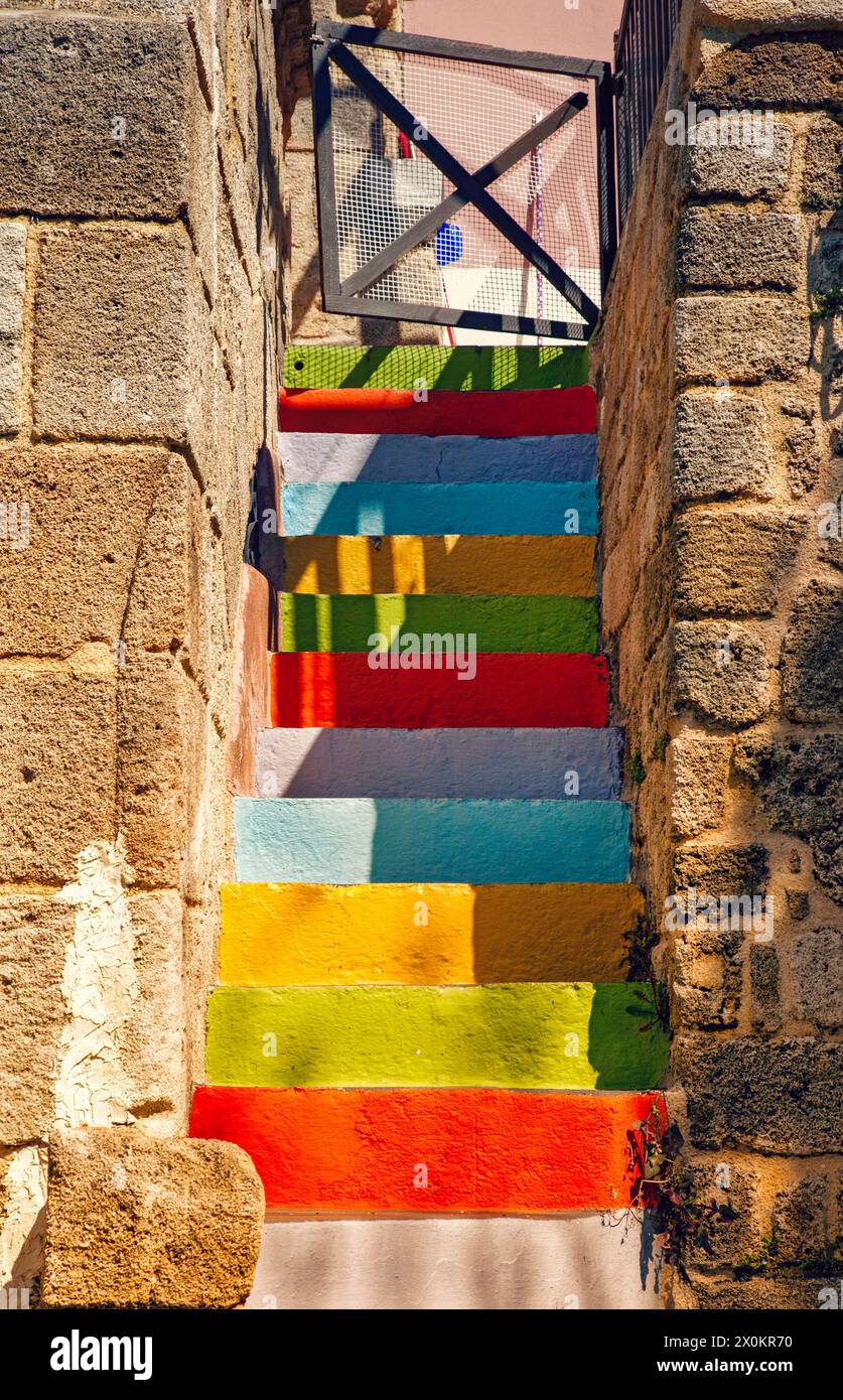 Rhoades Steps Old stone staircase, colorfully painted steps, town, old town, Rhodes ...