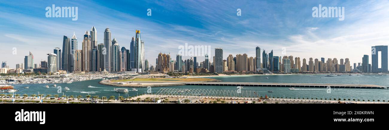 Panorama, Port and Dubai Marina, Palm Jumeirah, Dubai, United Arab Emirates, Middle East, Asia Stock Photo