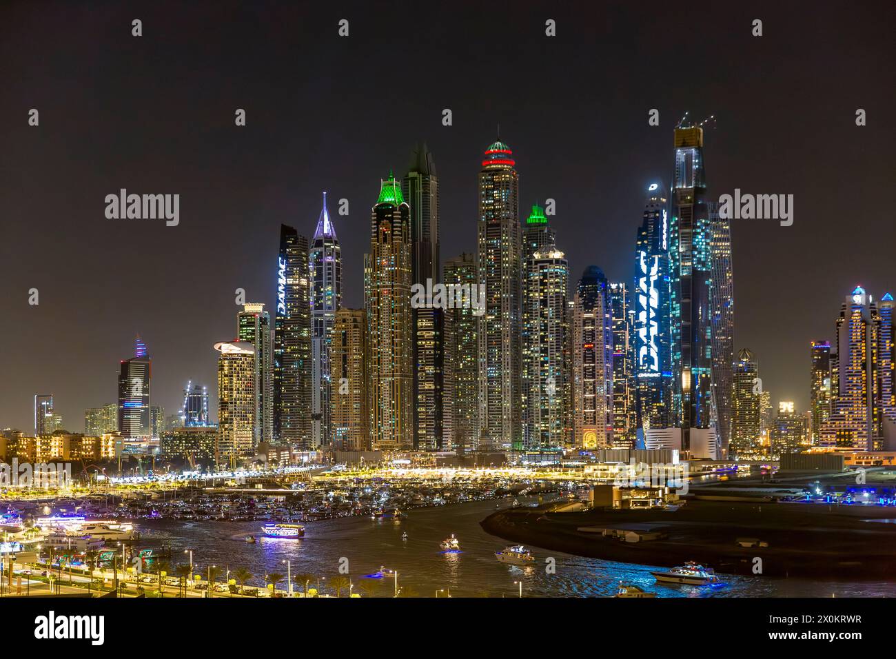 View of harbor and Dubai Marina with skyscrapers, Dubai Harbour, Palm Jumeirah, Dubai, United Arab Emirates, Middle East, Asia Stock Photo