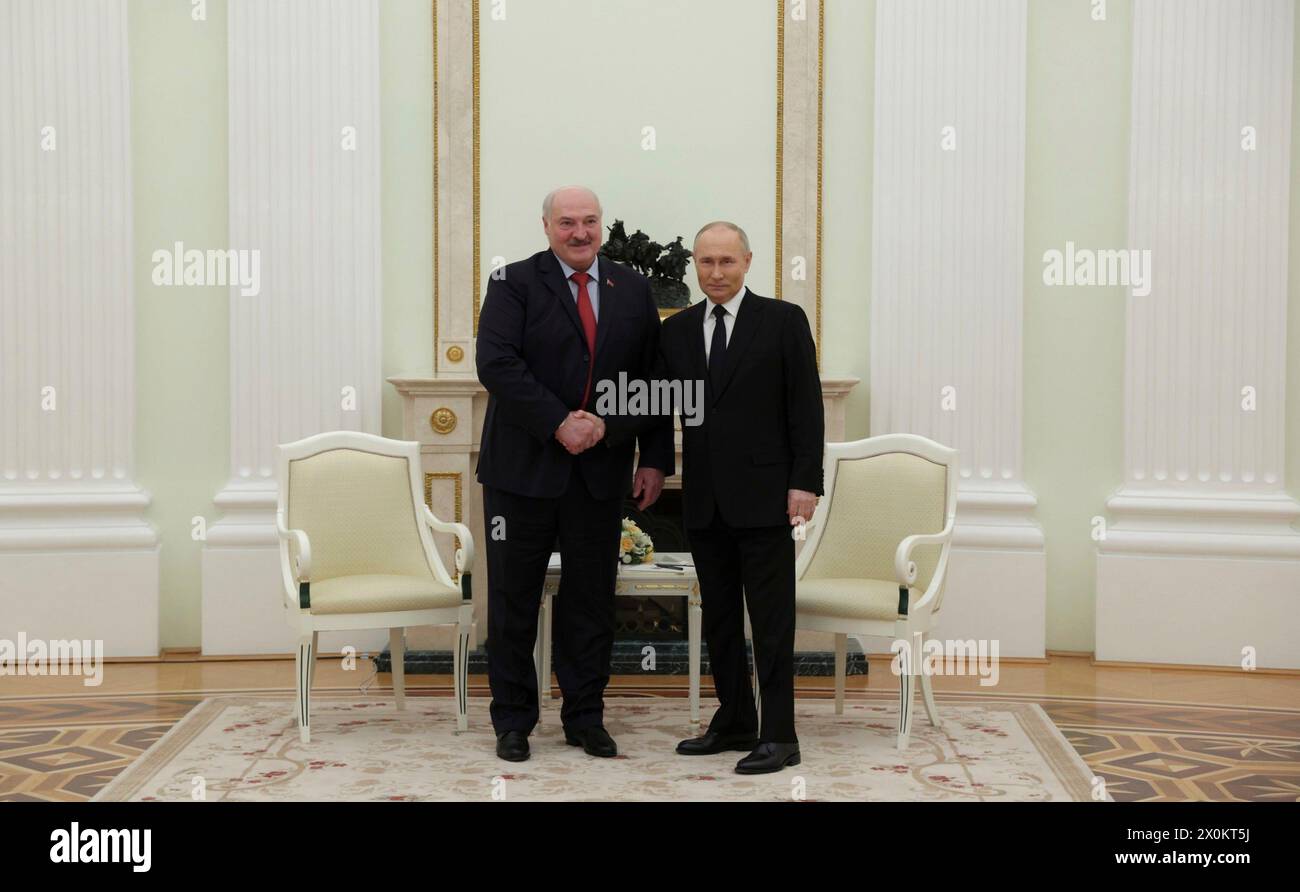 Moscow, Russia. 11th Apr, 2024. Russian President Vladimir Putin, right, welcomes Belarus President Alexander Lukashenko, left, before a face-to-face meeting at the Kremlin Grand Palace, April 11, 2024 in Moscow, Russia. Credit: Gavriil Grigorov/Kremlin Pool/Alamy Live News Stock Photo