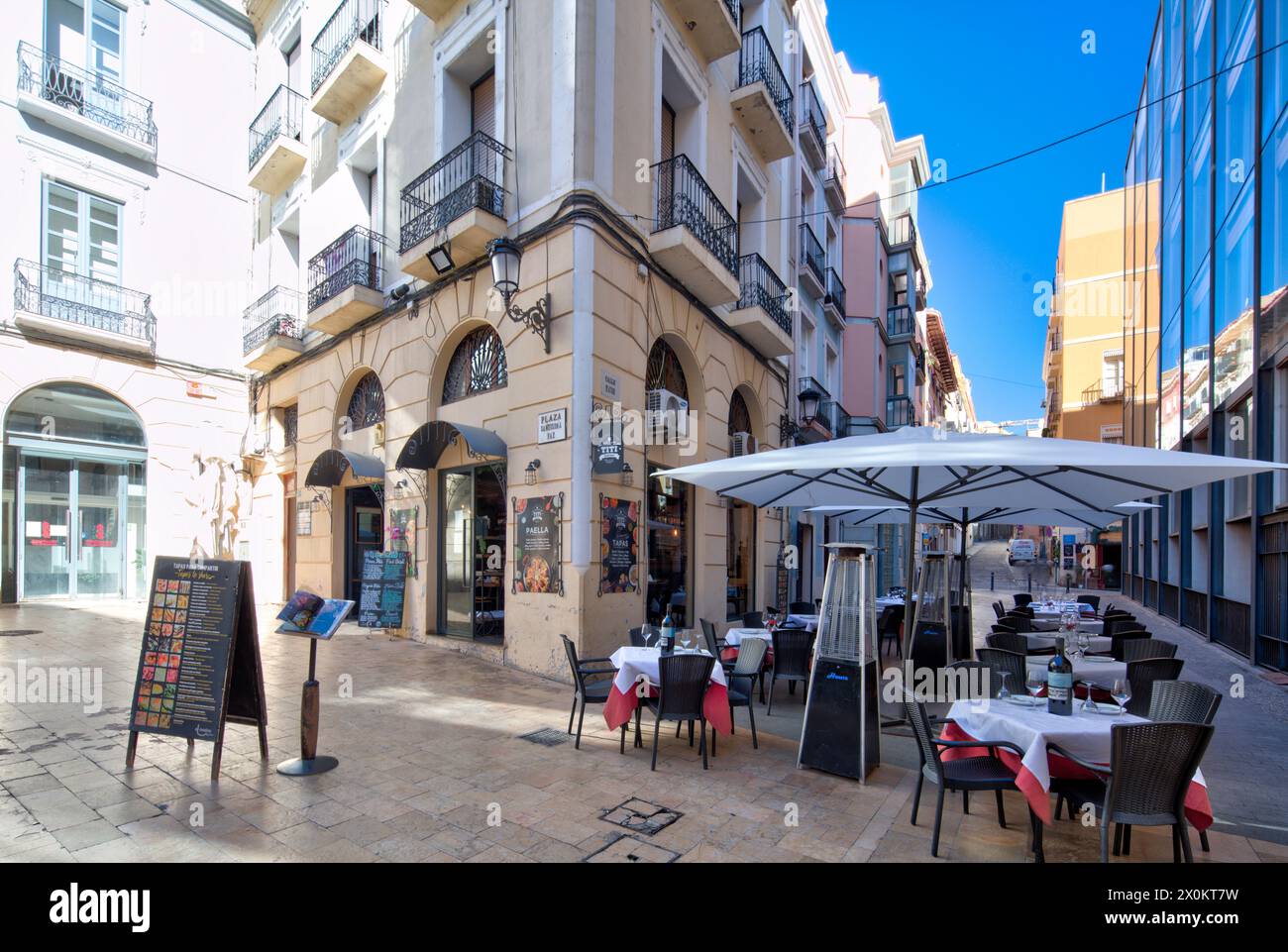 Plaza Santisima Faz, gastronomy, house facade, architecture, city tour, Alicante, Autonomy of Valencia, Spain, Stock Photo