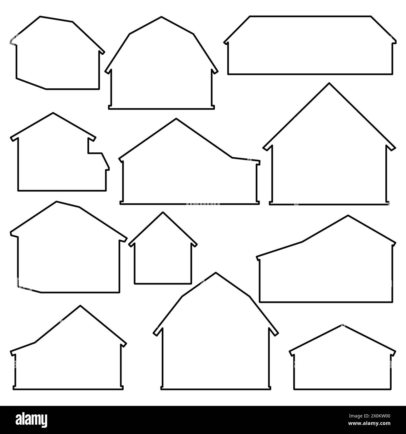 Big black barn silhouette line set. Different farm houses or barns. Vector collection of illustration of wooden outline buildings Stock Vector