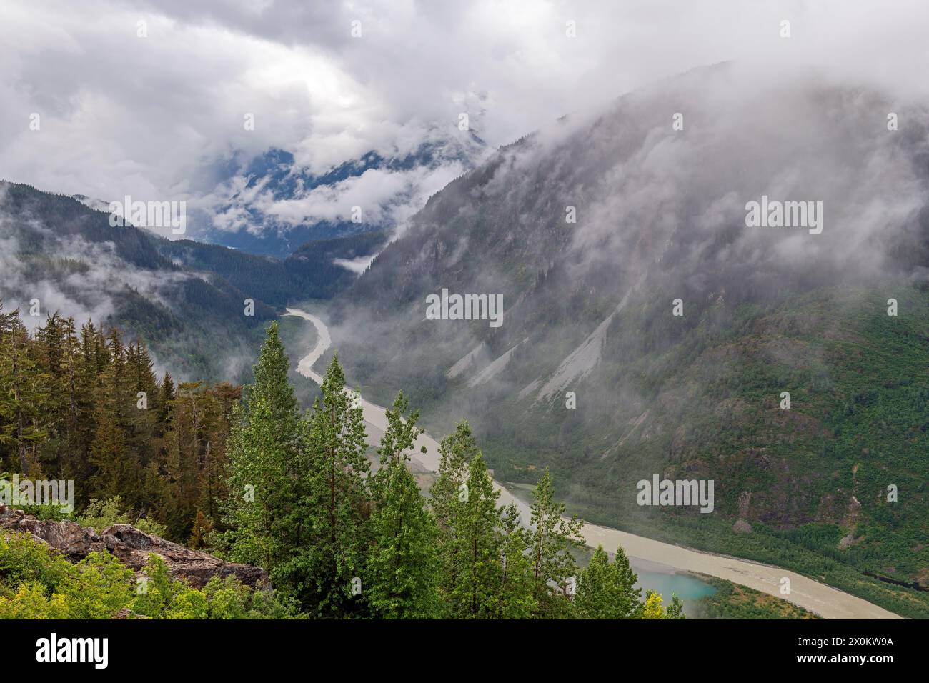 Salmon River in the mist with meltwater of Salmon Glacier, British Columbia, Canada. Stock Photo