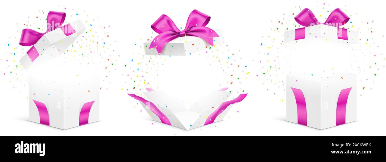 Vector set of white gift boxes with pink ribbons and exploded colorful ...