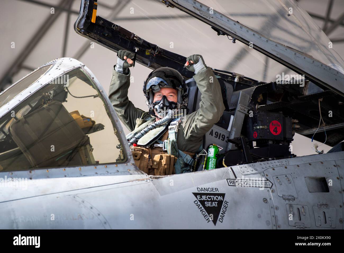 U.S. Air Force Maj. Tyler Ribar, 74th Fighter Squadron A-10C Thunderbolt II pilot, prepares for take-off during Exercise Ready Tiger 24-1 at Moody Air Force Base, Georgia, April 9, 2024. The 23rd Fighter Group directs the flying and maintenance operations for the U.S. Air Forces largest A-10C fighter group, consisting of two combat-ready A-10C squadrons and an operations support squadron. The group ensures overall combat training and readiness for over 90 pilots and 180 support personnel. (U.S. Air Force photo by 2nd Lt. Benjamin Williams) Stock Photo