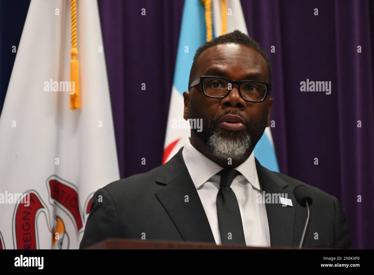 Mayor of Chicago Brandon Johnson attends the news conference and delivers remarks. Chicago Police Department held a news conference to discuss its strategy to address and prevent robberies throughout the City of Chicago in Chicago, Illinois, United States. Stock Photo