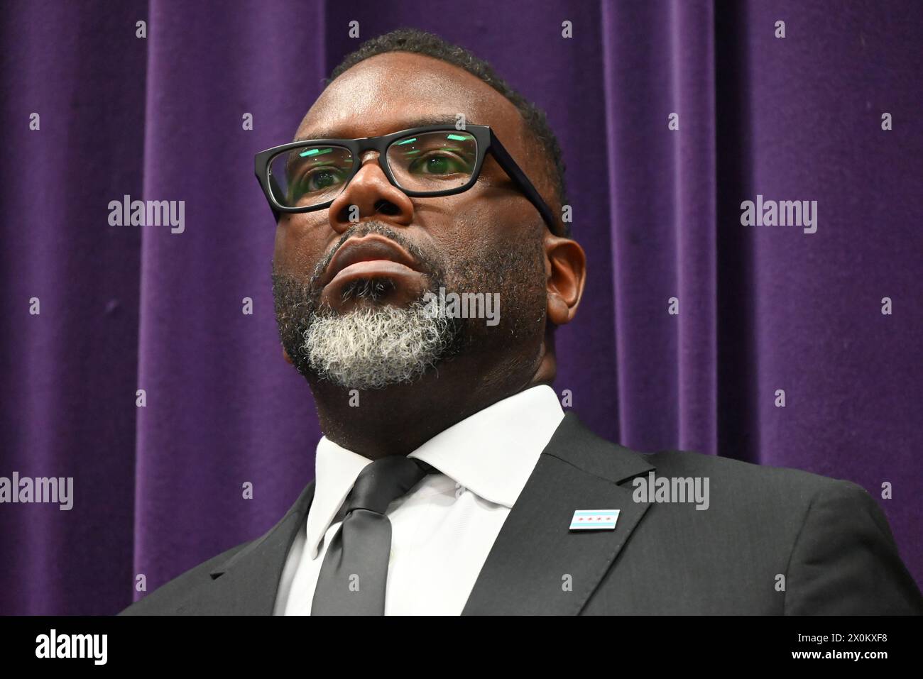 Mayor of Chicago Brandon Johnson attends the news conference and delivers remarks. Chicago Police Department held a news conference to discuss its strategy to address and prevent robberies throughout the City of Chicago in Chicago, Illinois, United States. Stock Photo