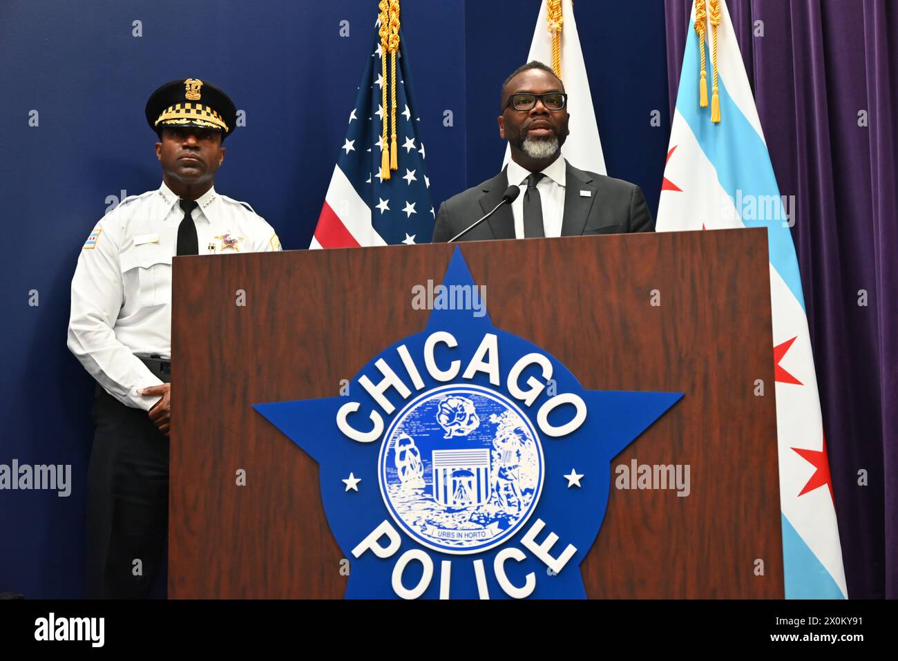 Chicago, USA. 12th Apr, 2024. Mayor of Chicago Brandon Johnson (right