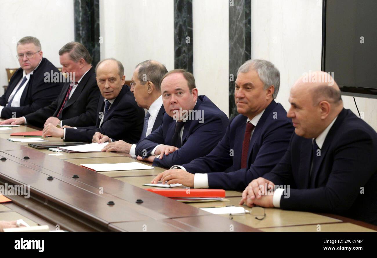 Moscow, Russia. 11th Apr, 2024. Members of the Russian Security Council before a face-to-face meeting chaired by President Vladimir Putin at the Kremlin, April 11, 2024 in Moscow, Russia. Credit: Gavriil Grigorov/Kremlin Pool/Alamy Live News Stock Photo