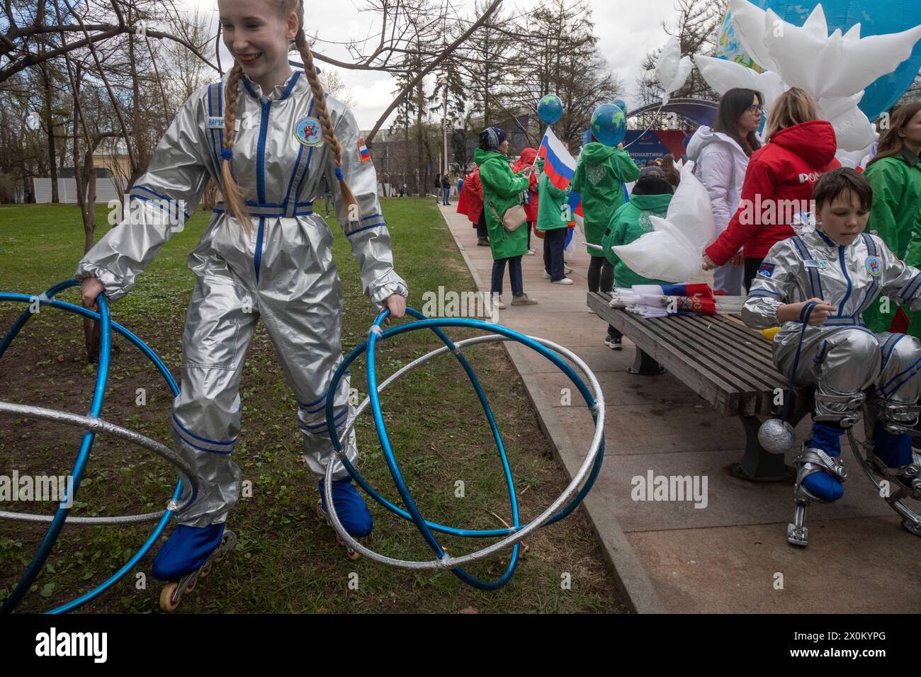 Moscow, Russia. 12th of April, 2024. Festivities take place during the Russia Expo international forum and exhibition at the VDNKh Exhibition Centre on Cosmonautics Day in Moscow, Russia. Credit: Nikolay Vinokurov/Alamy Live News Stock Photo
