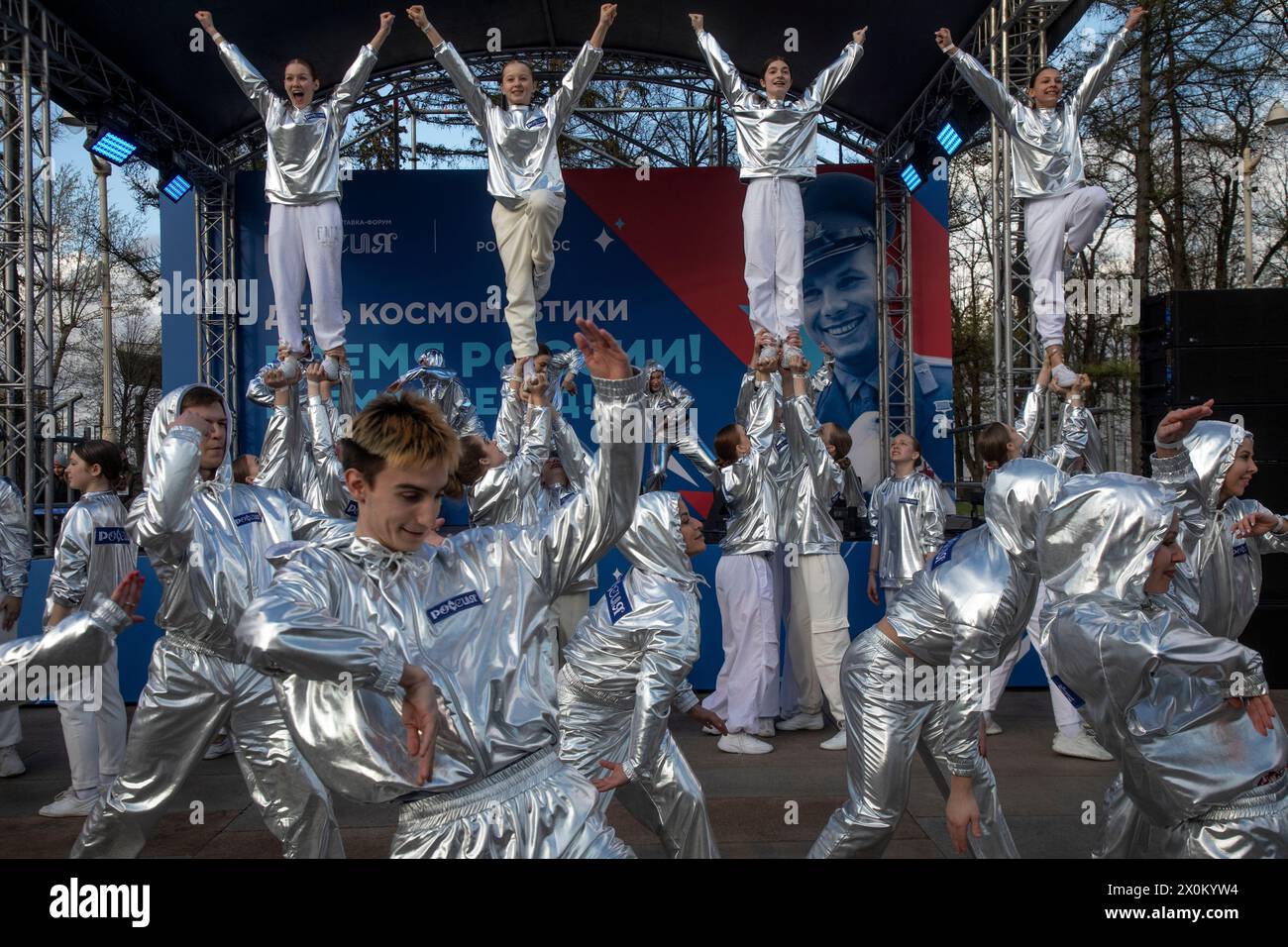 Moscow, Russia. 12th of April, 2024. Young people dance to celebrate Cosmonautics Day at the Russia Expo international forum and exhibition at the VDNKh Exhibition Centre in Moscow, Russia. Credit: Nikolay Vinokurov/Alamy Live News Stock Photo