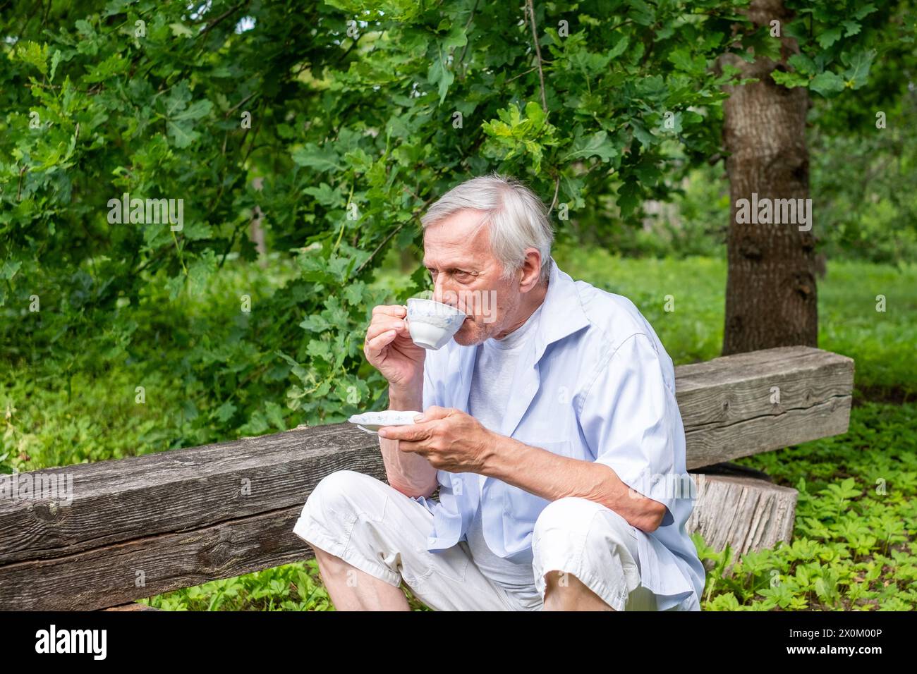 Elderly man sipping tea on a wooden bench in a leafy garden, enjoying ...