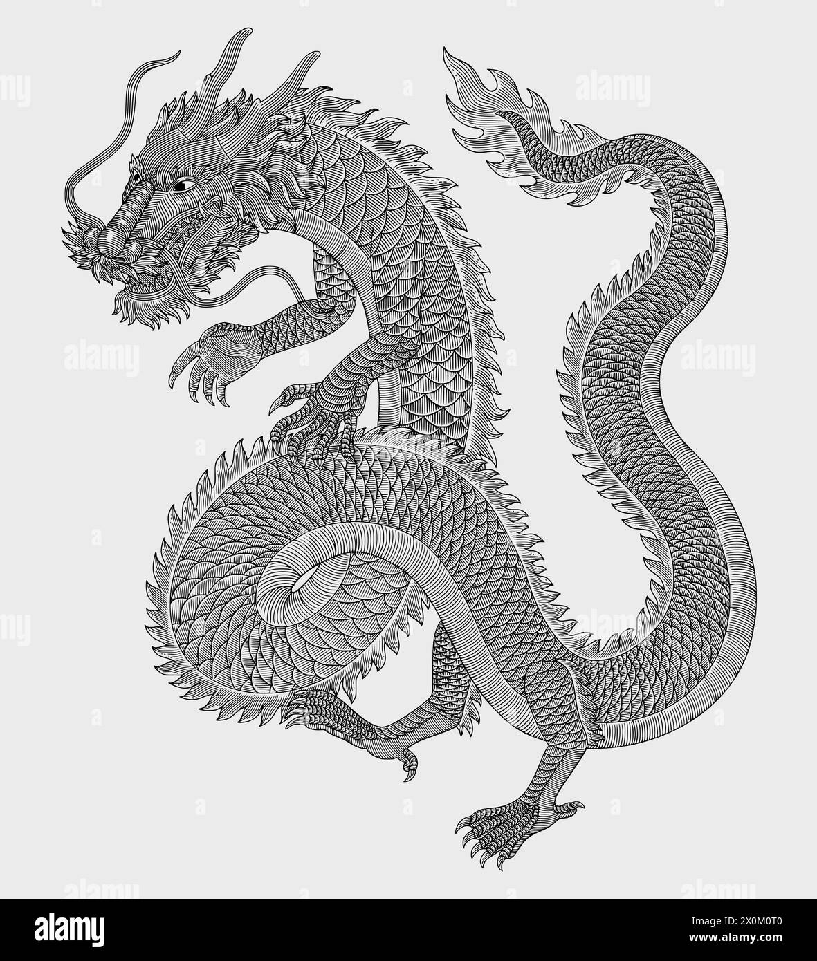 Japanese dragon vector vintage engraving drawing style illustration Stock Vector