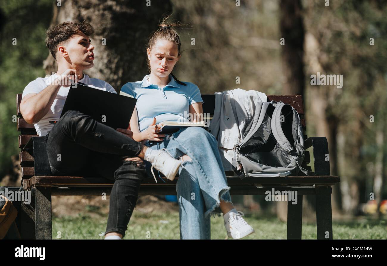 Two students share ideas while studying outdoors in the nature, engaged in education and learning. Stock Photo