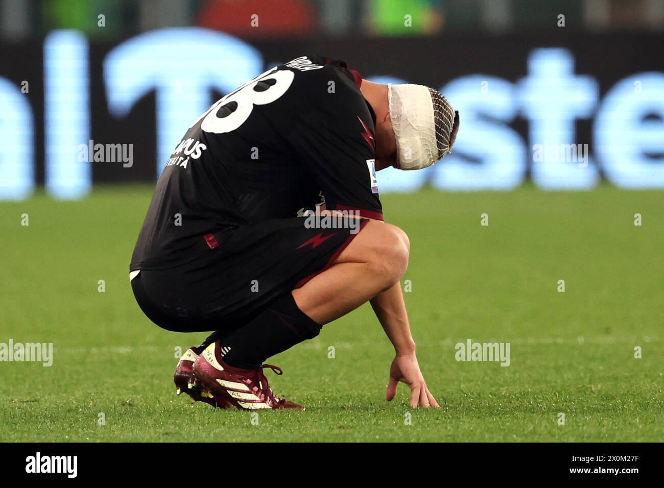 Rome, Italy 12.04.2024: Pirola of Salernitana  Disappointment for the defeat at the end of the Italian Serie A TIM 2023-2024 football match derby SS L Stock Photo