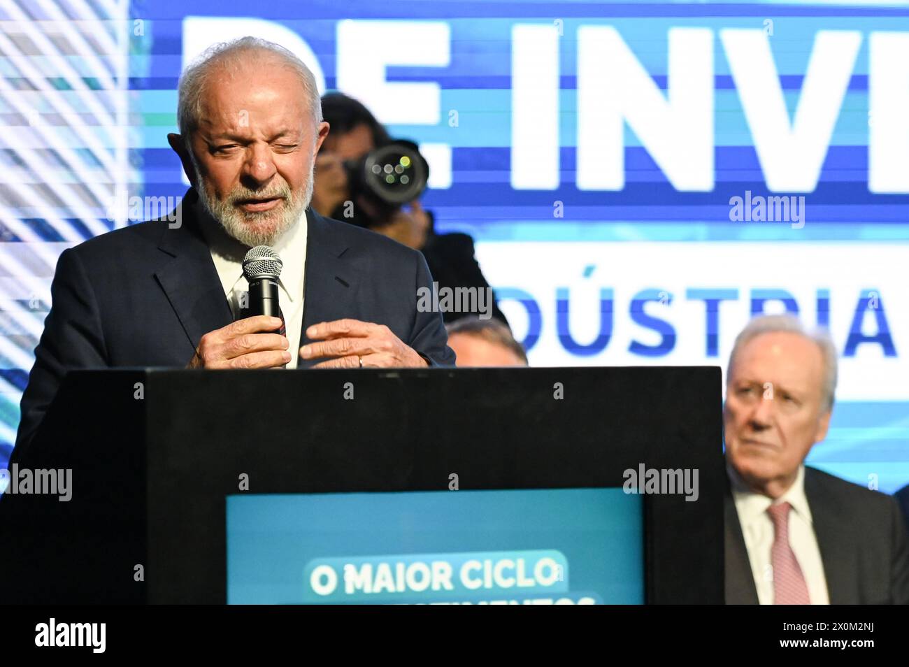 Sao Paulo, Sao Paulo, Brasil. 12th Apr, 2024. Sao Paulo (SP), 04/12/2024 - PRESIDENT/LULA/INAUGURATION/ANFAVEA/SAO PAULO/SP Luiz Inacio Lula da Silva (PT) President of Brazil, during the inauguration ceremony of the new headquarters of the (ANFAVEA) National association of Motor Vehicle Manufacturers in Sao Paulo, in the Vila Olimpia region this Thursday, April 12, 2024. (Foto: Andre Ribeiro/Thenews2/Zumapress) (Credit Image: © Andre Ribeiro/TheNEWS2 via ZUMA Press Wire) EDITORIAL USAGE ONLY! Not for Commercial USAGE! Stock Photo
