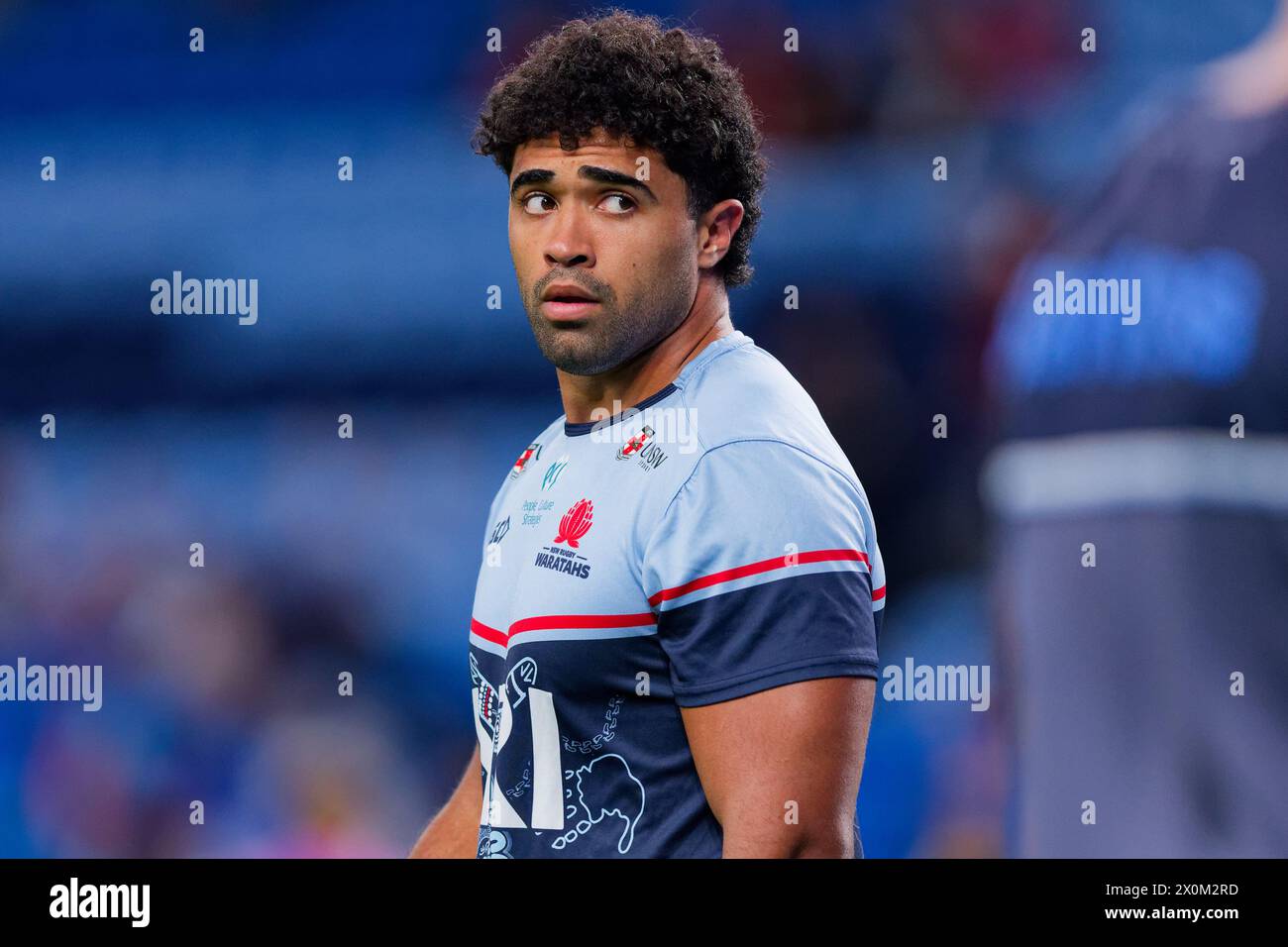 Sydney, Australia. 12th Apr, 2024. Langi Gleeson of the Waratahs warms up before the Super Rugby Pacific 2024 Rd8 match between the Waratahs and the Crusaders at Allianz Stadium on April 12, 2024 in Sydney, Australia Credit: IOIO IMAGES/Alamy Live News Stock Photo