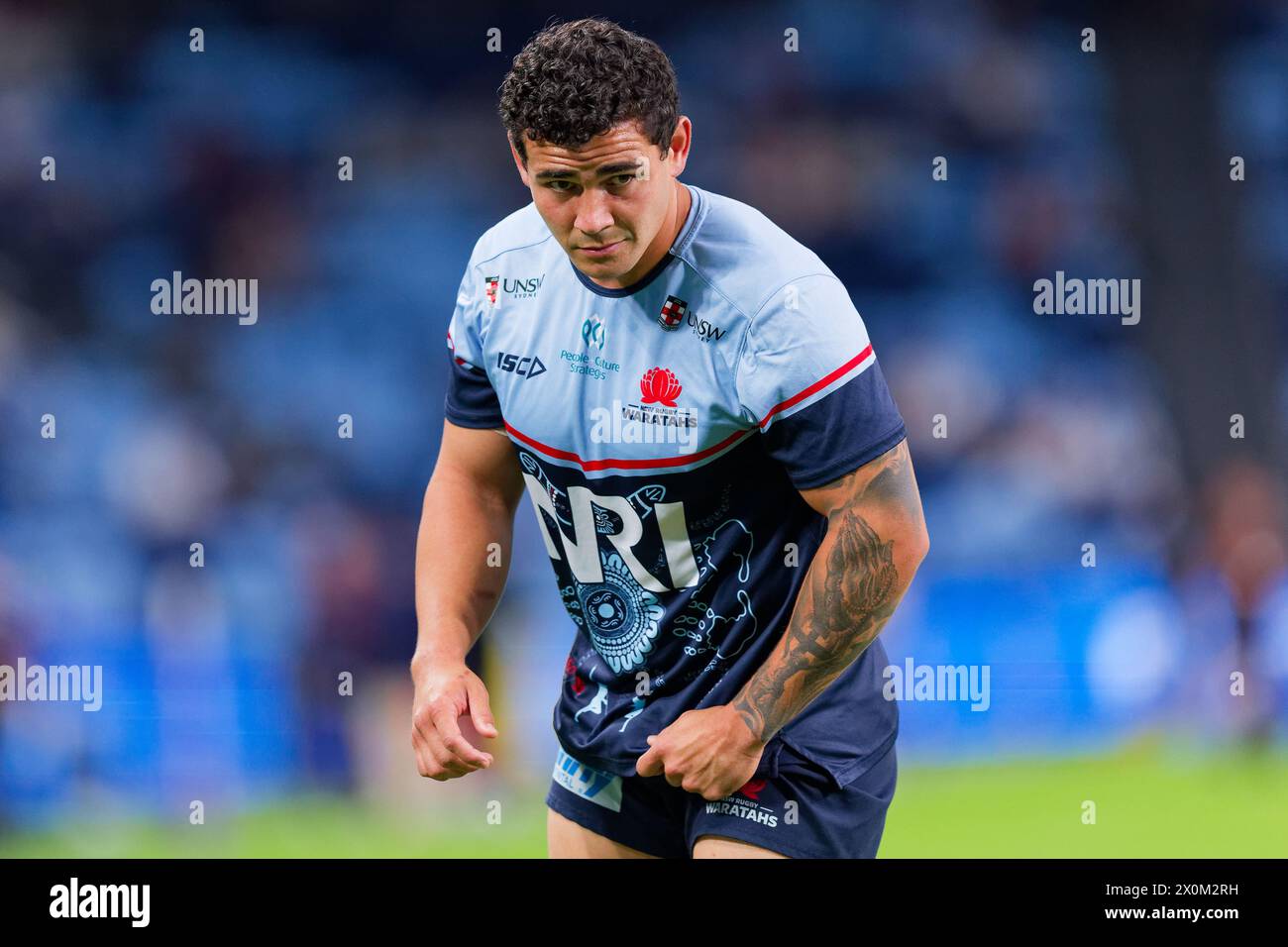 Sydney, Australia. 12th Apr, 2024. Izaia Perese of the Waratahs warms up before the Super Rugby Pacific 2024 Rd8 match between the Waratahs and the Crusaders at Allianz Stadium on April 12, 2024 in Sydney, Australia Credit: IOIO IMAGES/Alamy Live News Stock Photo
