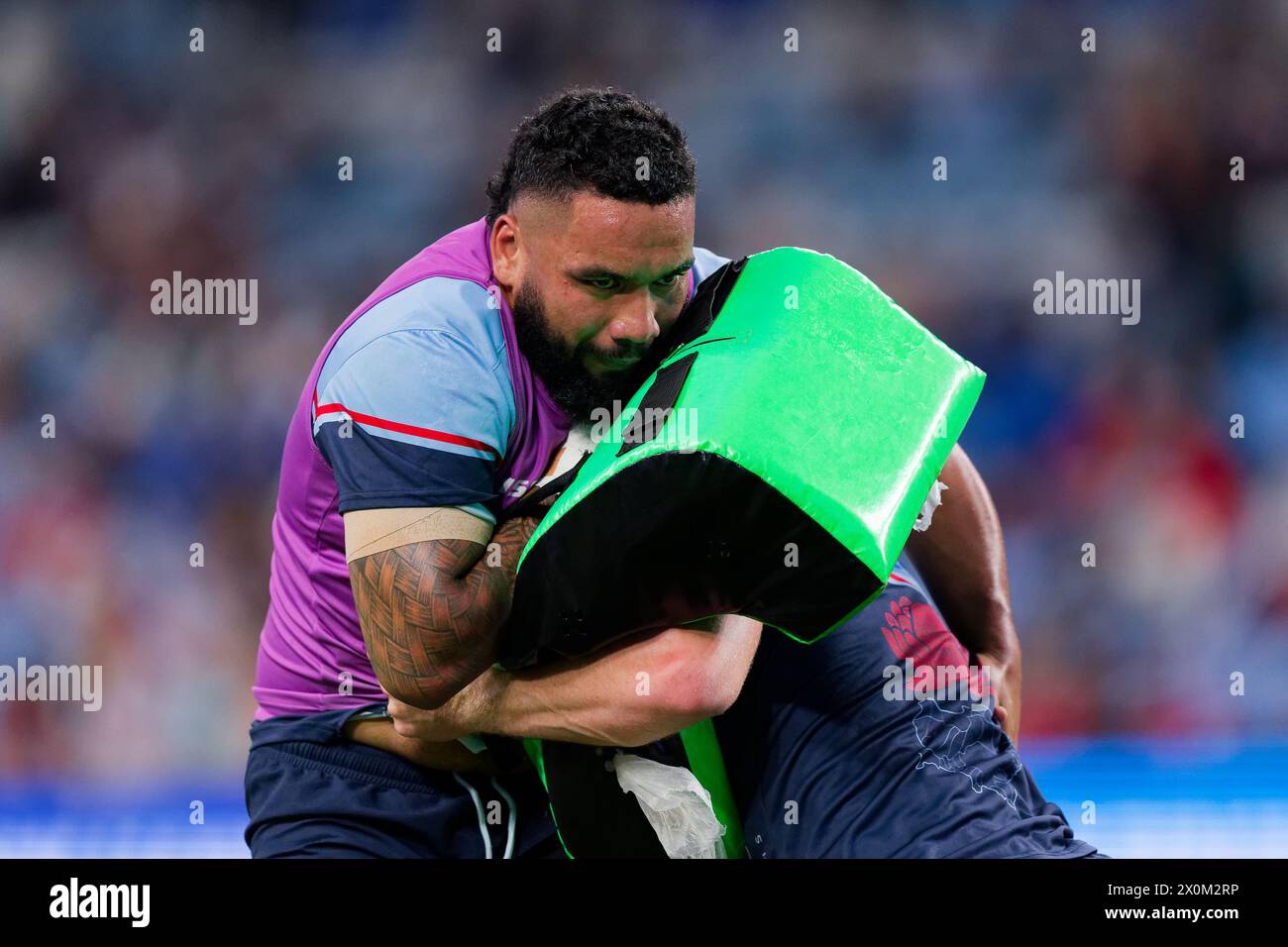 Sydney, Australia. 12th Apr, 2024. Lewis Ponini of the Waratahs warms up before the Super Rugby Pacific 2024 Rd8 match between the Waratahs and the Crusaders at Allianz Stadium on April 12, 2024 in Sydney, Australia Credit: IOIO IMAGES/Alamy Live News Stock Photo