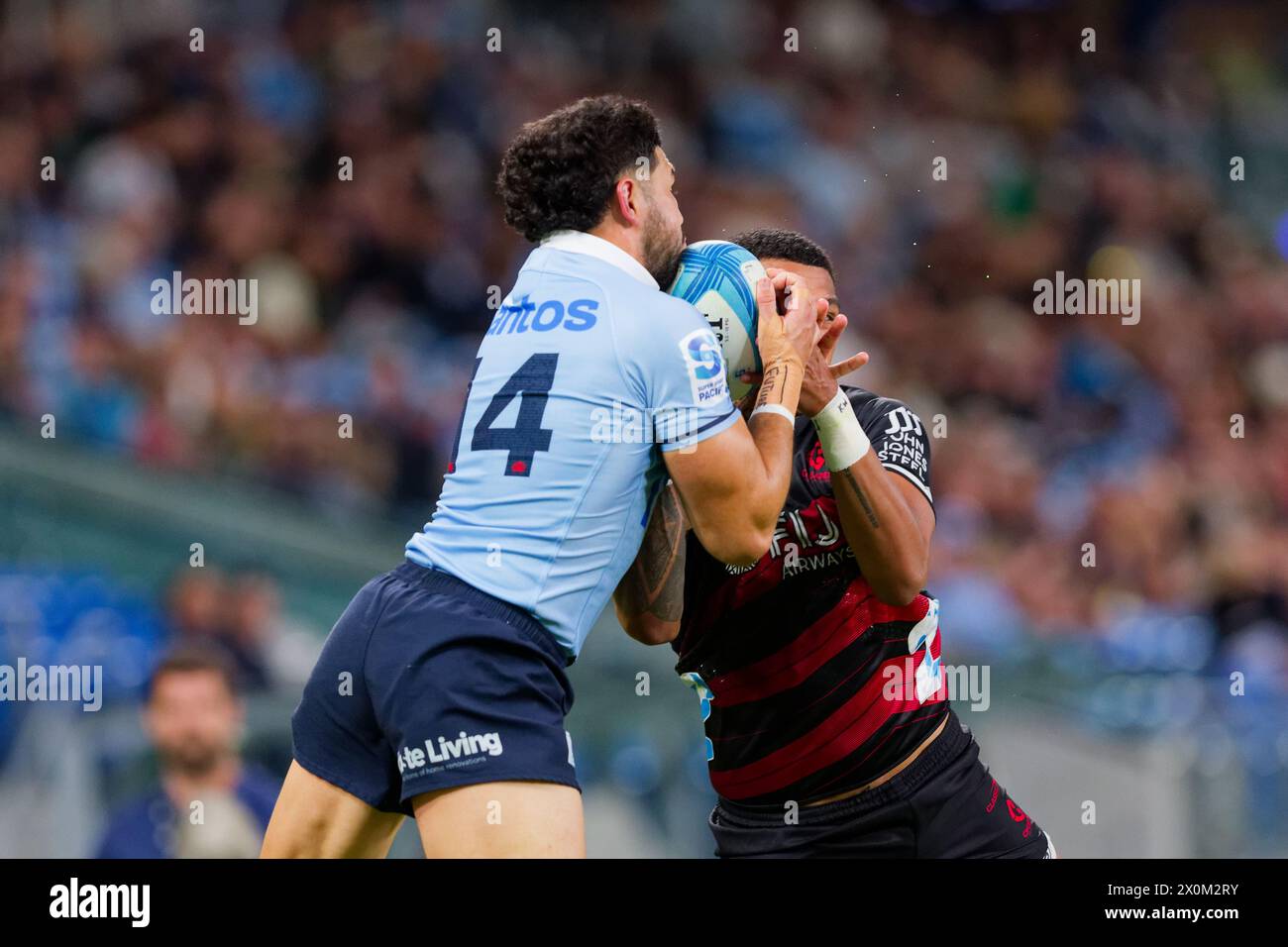 Sydney, Australia. 12th Apr, 2024. Triston Reilly of the Waratahs jumps to catch the ball during the Super Rugby Pacific 2024 Rd8 match between the Waratahs and the Crusaders at Allianz Stadium on April 12, 2024 in Sydney, Australia Credit: IOIO IMAGES/Alamy Live News Stock Photo