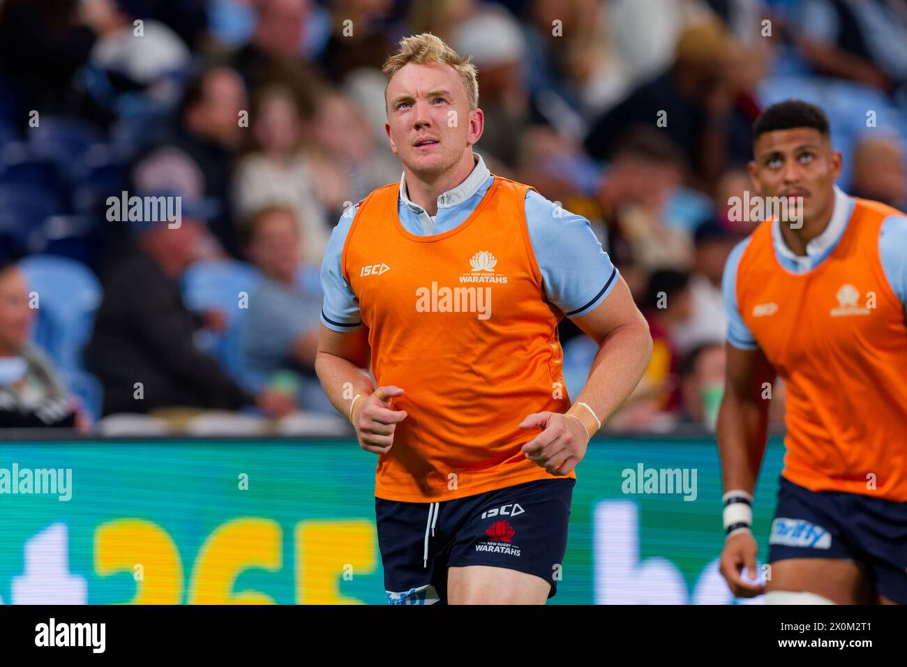 Sydney, Australia. 12th Apr, 2024. Hugh Sinclair of the Waratahs warms up during the Super Rugby Pacific 2024 Rd8 match between the Waratahs and the Crusaders at Allianz Stadium on April 12, 2024 in Sydney, Australia Credit: IOIO IMAGES/Alamy Live News Stock Photo