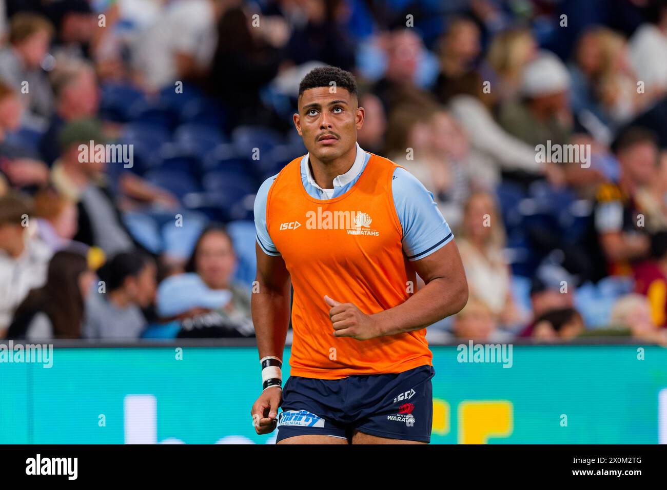 Sydney, Australia. 12th Apr, 2024. Miles Amatosero of the Waratahs warms up during the Super Rugby Pacific 2024 Rd8 match between the Waratahs and the Crusaders at Allianz Stadium on April 12, 2024 in Sydney, Australia/ Credit: IOIO IMAGES/Alamy Live News Stock Photo