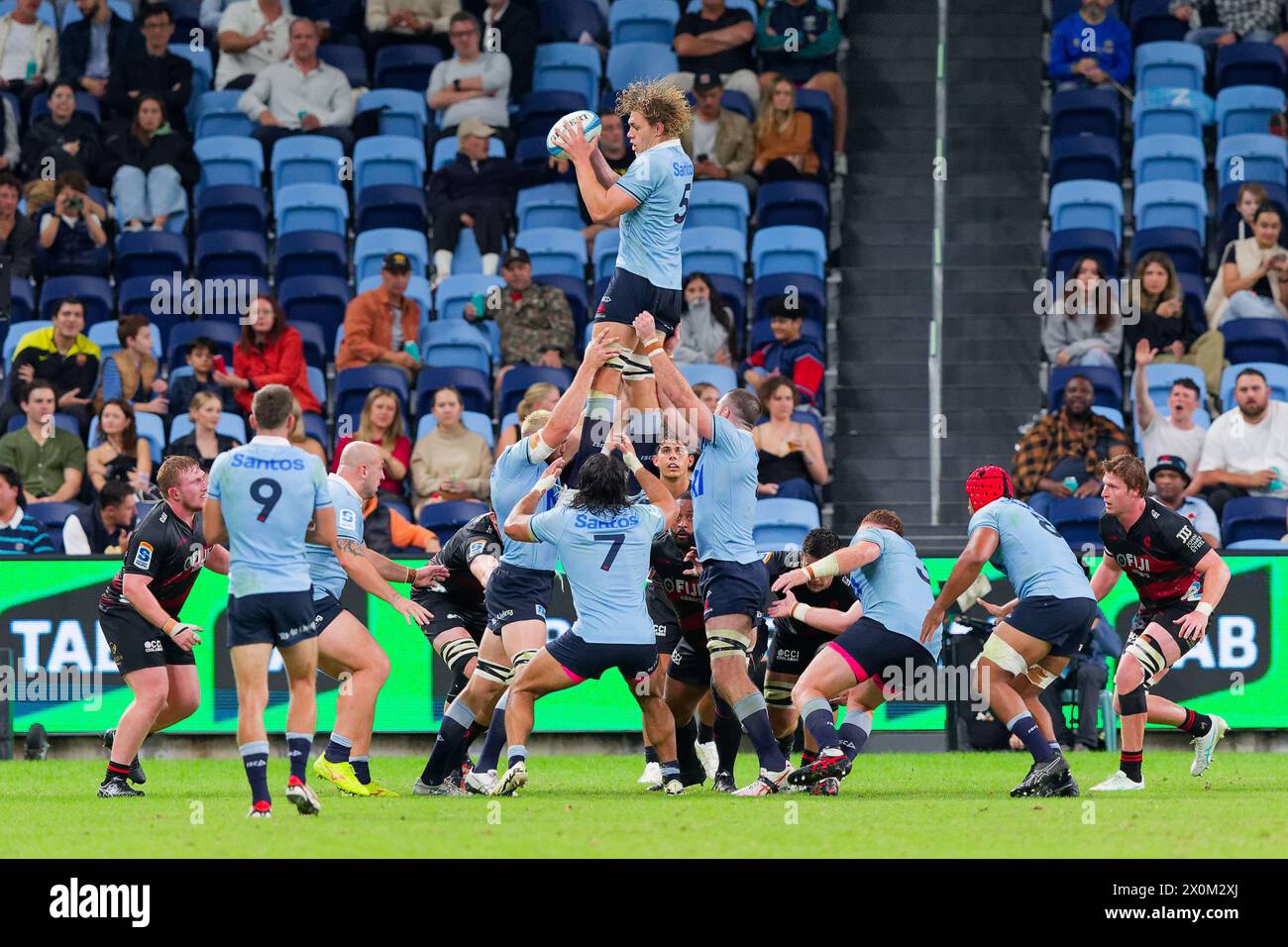 Sydney, Australia. 12th Apr, 2024. Ned Hanigan of the Waratahs wins the lineout ball during the Super Rugby Pacific 2024 Rd8 match between the Waratahs and the Crusaders at Allianz Stadium on April 12, 2024 in Sydney, Australia Credit: IOIO IMAGES/Alamy Live News Stock Photo