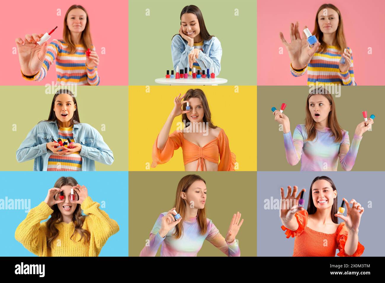 Group of young women with nail polishes on color background Stock Photo