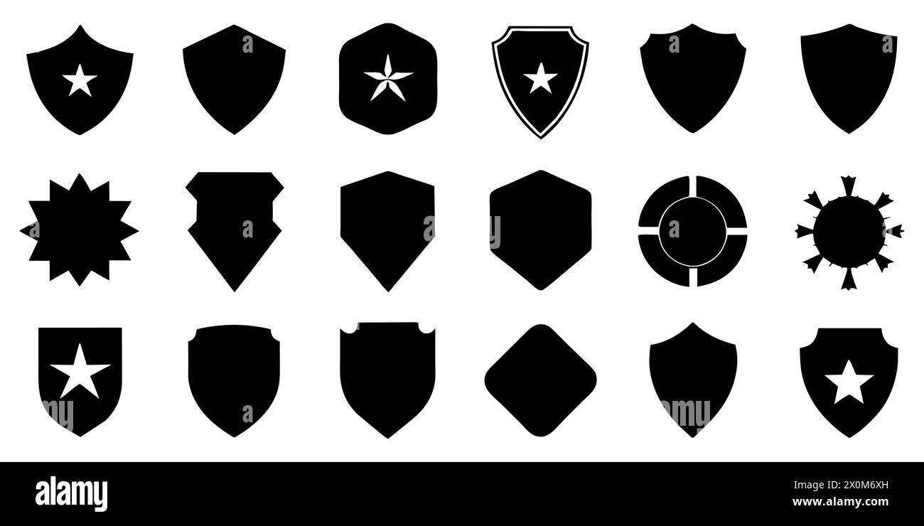 Fantastic lovely shield, badges vector art set. Flat black color. Stock Vector