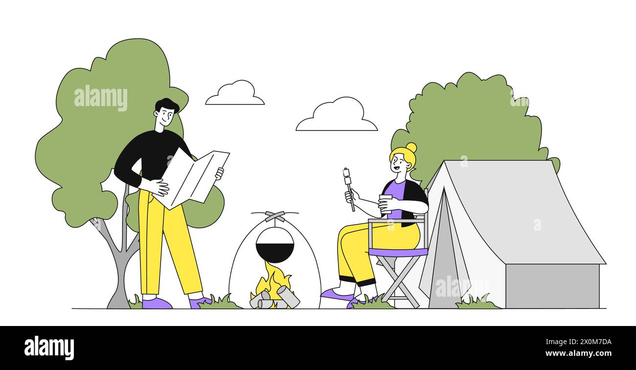 People with camping vector linear Stock Vector Image & Art - Alamy