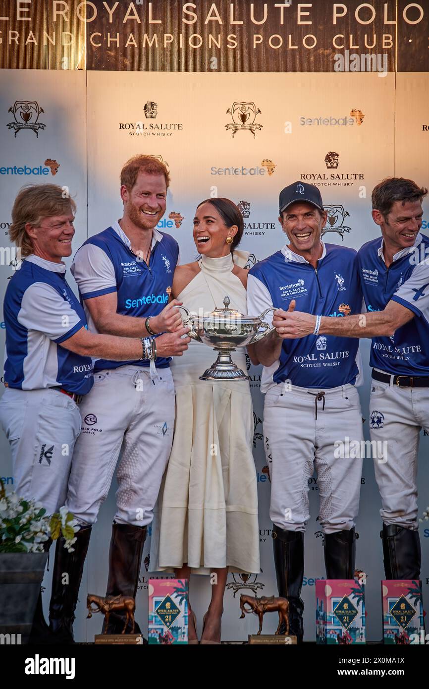 Wellington, Florida, USA. 12th April 2024. Prince Harry, The Duke of Sussex, Co-Founding Patron of Sentebale, play on the Royal Salute Sentebale Team, against the Grand Champions Team captained by his long-time friend and the charity’s ambassador, Argentine polo player Nacho Figueras and the Maseru Team. Credit: Yaroslav Sabitov/YES Market Media/Alamy Live News. Stock Photo