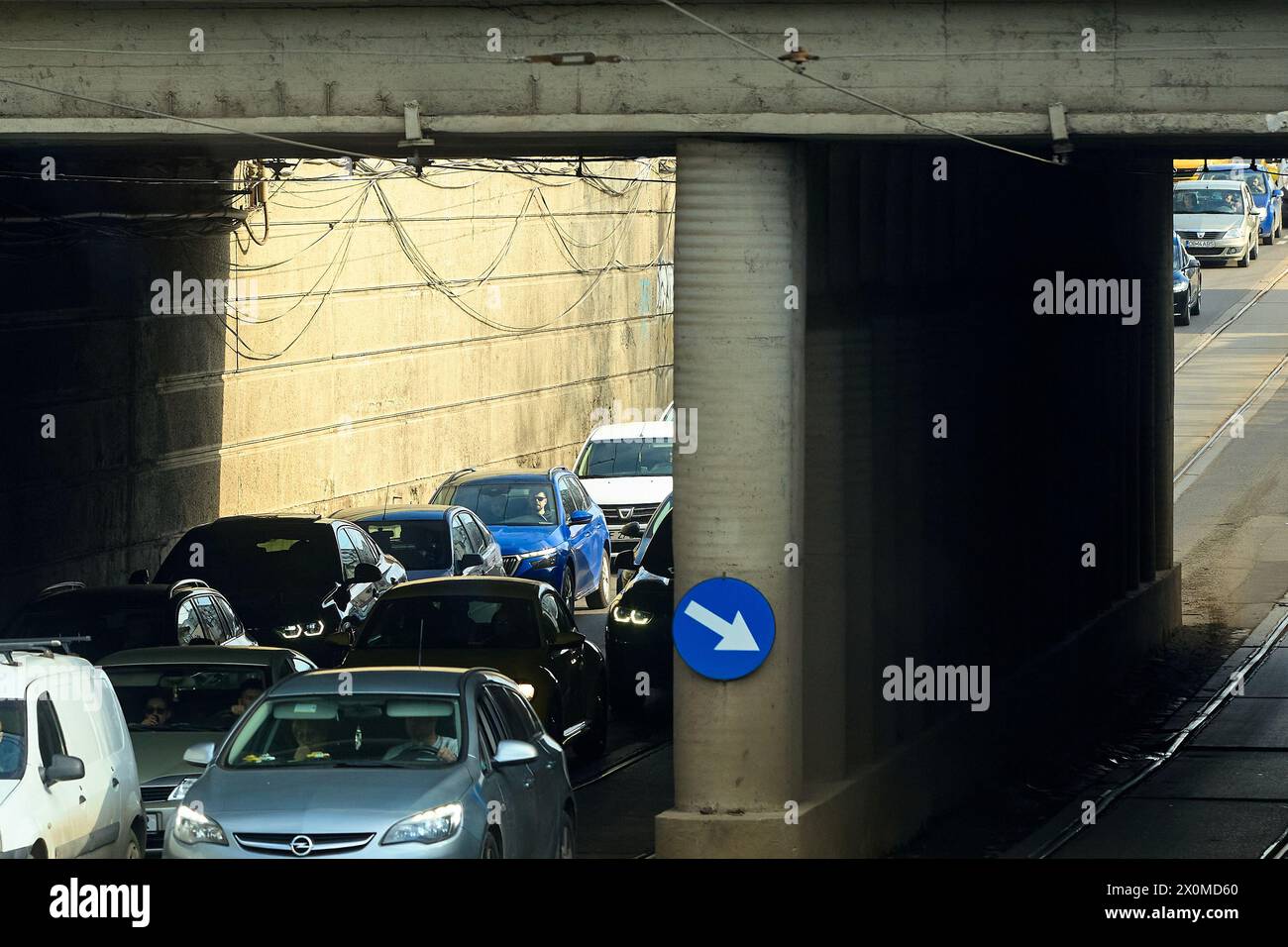 Bucharest, Romania. 18th March, 2024: Car traffic under the Constanta Bridge on Calea Grivitei in Bucharest. Stock Photo