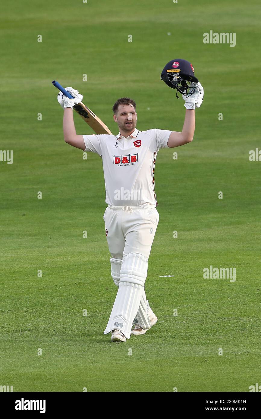 Matt Critchley of Essex raises his bat after reaching his century during Essex CCC vs Kent CCC, Vitality County Championship Division 1 Cricket at The Stock Photo