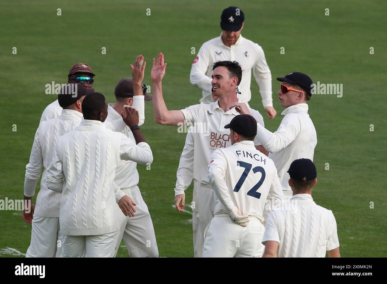 Nathan Gilchrist of Kent celebrates with his team mates after taking the wicket of Michael Pepper during Essex CCC vs Kent CCC, Vitality County Champi Stock Photo