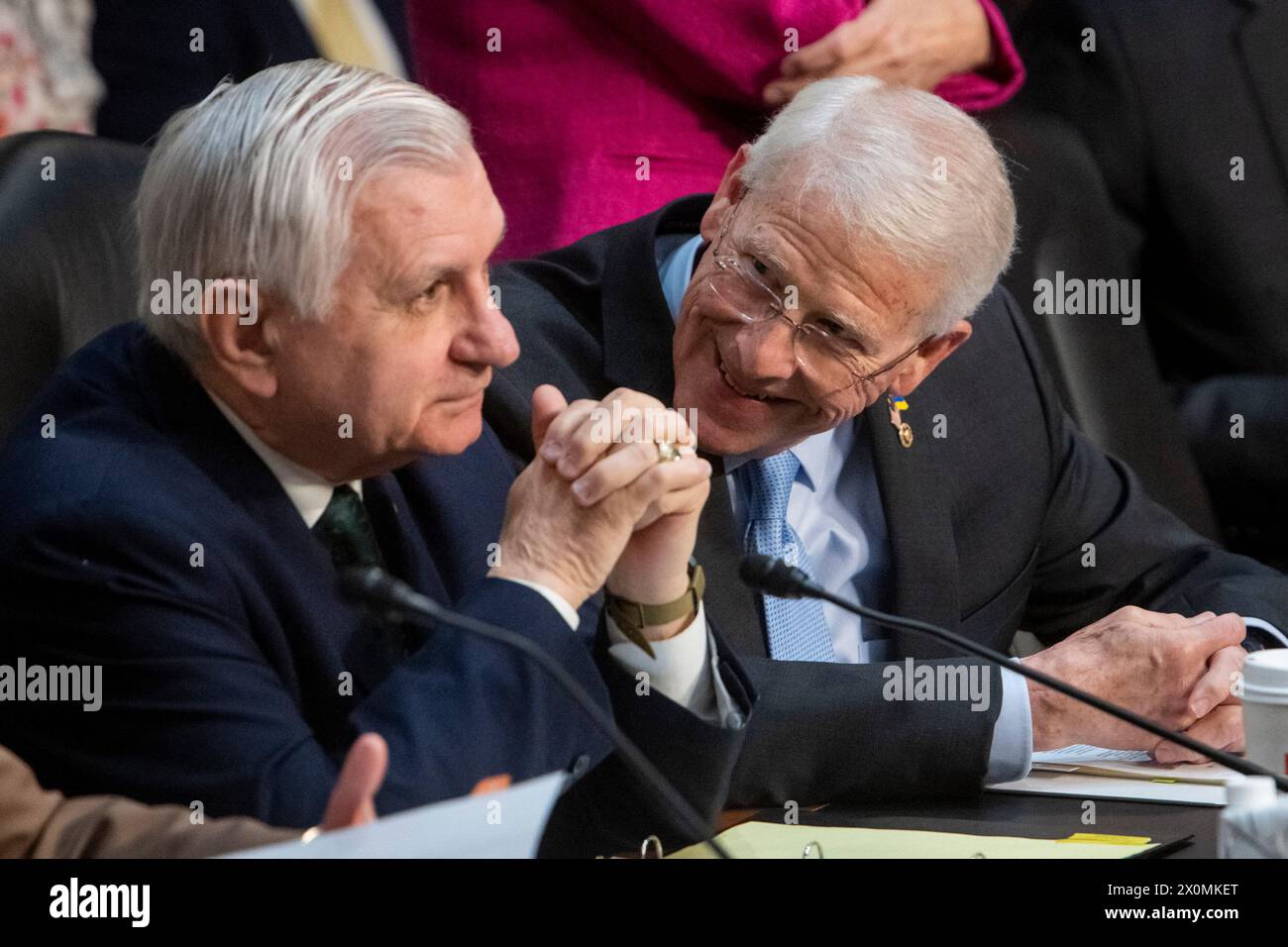 United States Senator Jack Reed (Democrat of Rhode Island), Chair, US Senate Committee on Armed Services, left, talks with United States Senator Roger Wicker (Republican of Mississippi), Ranking Member, US Senate Committee on Armed Services, right, prior to a Senate Committee on Armed Services hearing to examine the President's proposed budget request for fiscal year 2025 for the Department of Defense and Future Years Defense Program, in there Hart Senate Office Building in Washington, DC, USA, Tuesday, April 9, 2024. Photo by Rod Lamkey/CNP/ABACAPRESS.COM Stock Photo