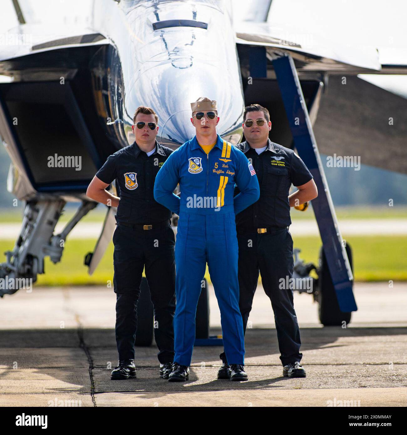 U.S. 07th Apr, 2024. Navy Flight Demonstration Squadron Blue Angels Officer #5 Lieutenant Commander Griffin Stangel along with Power Plants team member Zach Summers (left) and Crew Chief team member Aaron Gutierrez stand in front of the Boeing F/A-18 Super Hornet aircraft after the aerobatic demonstration at the Beyond The Horizon Air and Space Show at Maxwell Air Force Base in Montgomery, Alabama. Mike Wulf/CSM (Credit Image: © Mike wulf/Cal Sport Media). Credit: csm/Alamy Live News Stock Photo