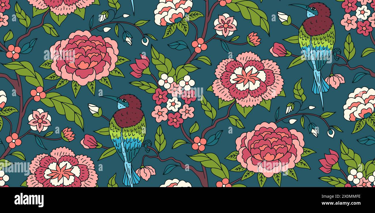 Seamless pattern with colorful chinoiserie hand drawn flowers and birds motifs Stock Vector