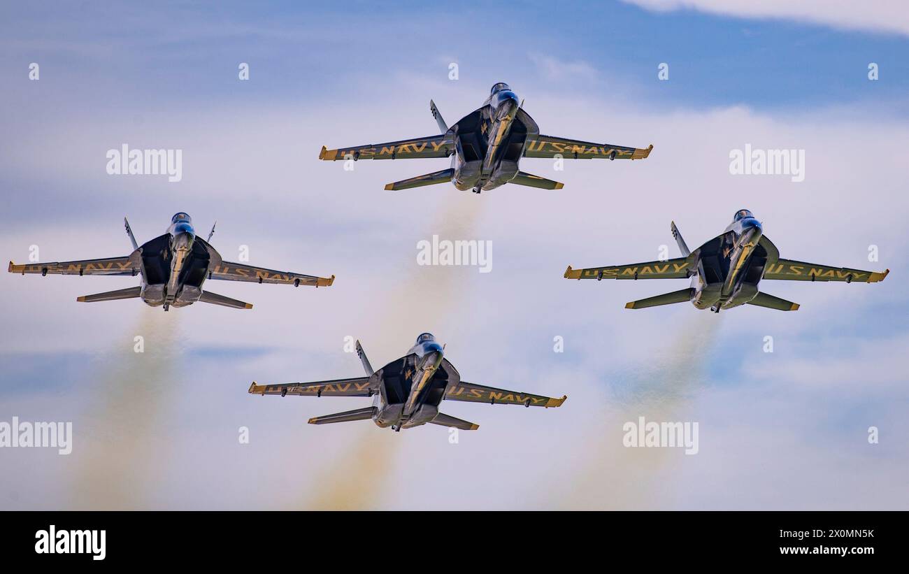 The U.S. 06th Apr, 2024. Navy Flight Demonstration Squadron Blue Angels Boeing F/A-18 Super Hornet aircraft perform a diamond formation maneuver as part of the aerobatic demonstration at the Beyond The Horizon Air and Space Show at Maxwell Air Force Base in Montgomery, Alabama. Mike Wulf/CSM/Alamy Live News Stock Photo