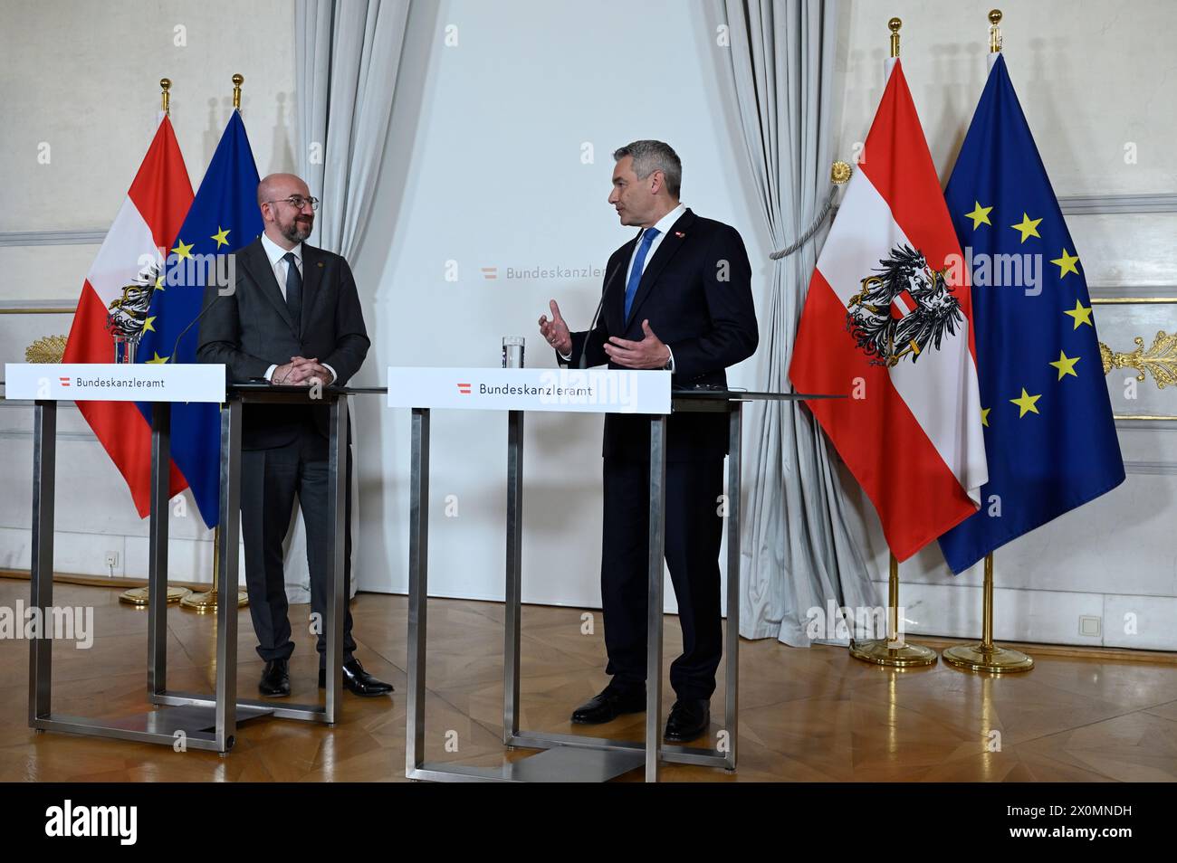 Vienna, Austria. 12th April, 2024. Reception of the President of the European Council for discussions on the 'Strategic Agenda of the EU'. Picture shows Charles Michel (L) and Chancellor Karl Nehammer (R) Stock Photo