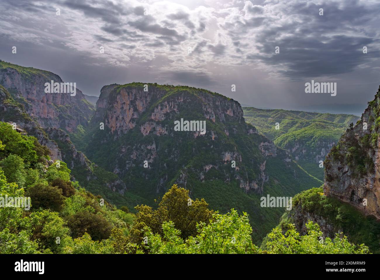 A natural landscape featuring a valley surrounded by mountainous landforms, trees, and a cloudy sky with cumulus formations in the background Stock Photo