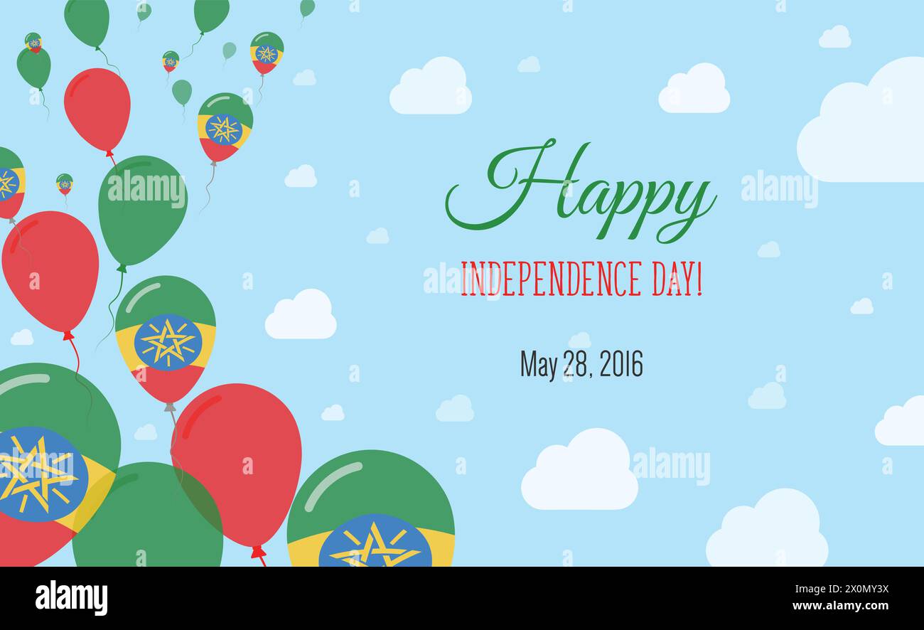 Ethiopia Independence Day Sparkling Patriotic Poster. Row of Balloons in Colors of the Ethiopian Flag. Greeting Card with National Flags, Blue Skyes a Stock Vector
